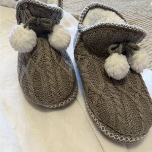 Cozy Brown Knit MukLuk Slippers with Pom Poms